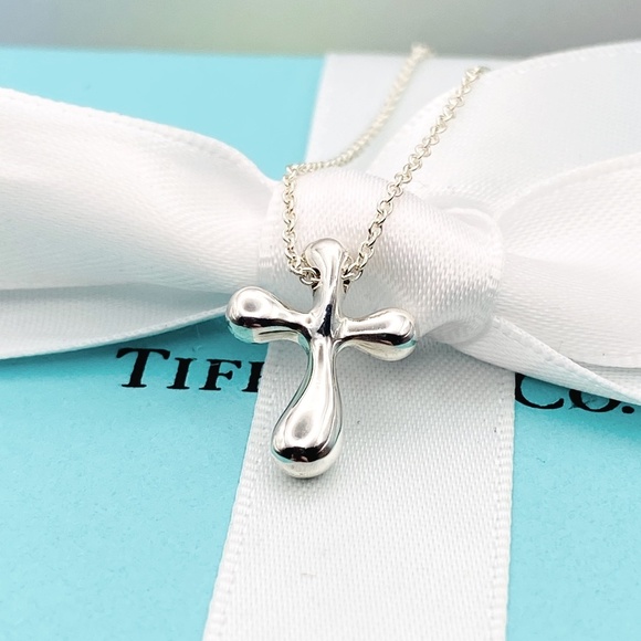 Tiffany & Co.Tear Drop Cross Elsa Peretti 14mm  Necklace 925  16” authentication - Picture 1 of 11